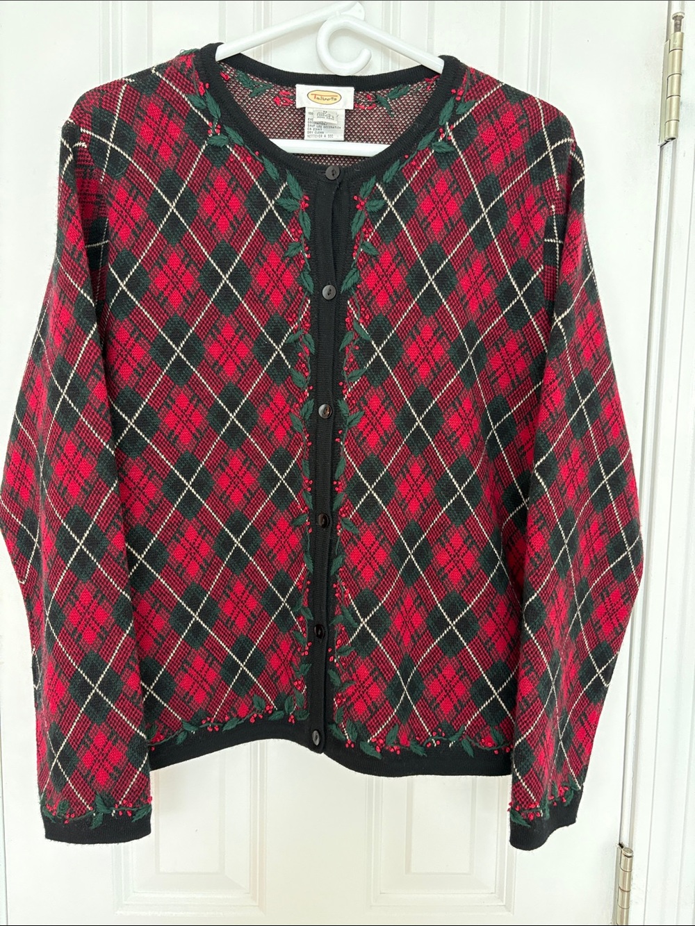 Talbots Holiday Inspired Red and Black Argyle Cardigan Jacket with Embroidery